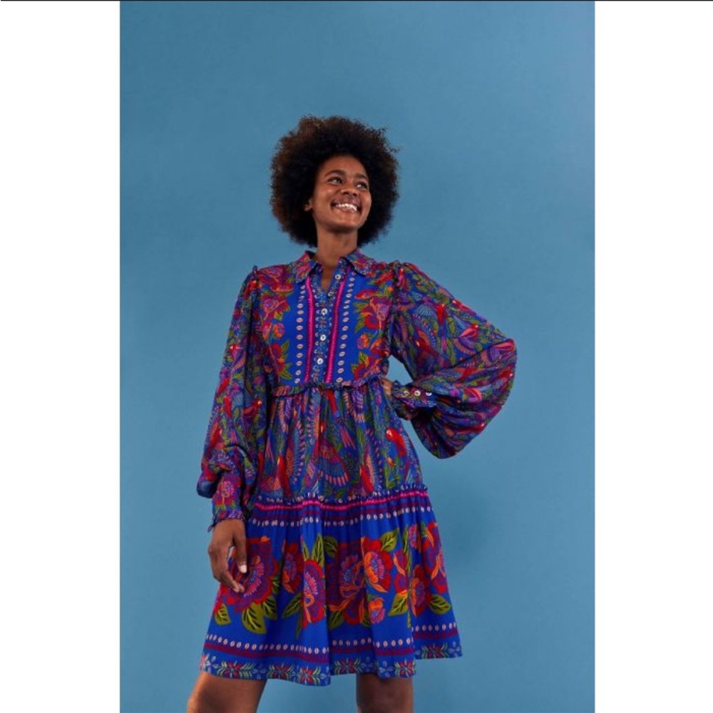 FARM RIO Blue Macaw Flight mini dress, size L